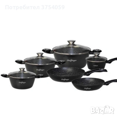 Комплект съдове за готвене Cheffinger от лят алуминий с мраморно покритие – 10 части, индукционни, снимка 5 - Съдове за готвене - 53175156