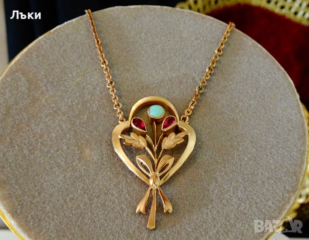 Колие с огнен опал,рубини,14 K позлата,дубле. , снимка 2 - Колиета, медальони, синджири - 53296592