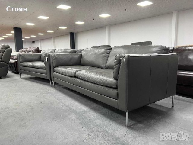Сиви кожени дивани тройка и двойка - естествена кожа, снимка 6 - Дивани и мека мебел - 37219148