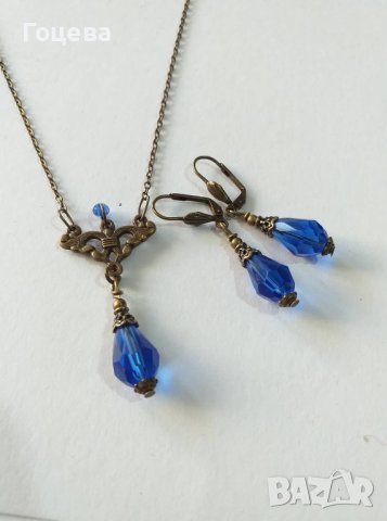 Разкошен комплект бижута с кралско сини капки от Венецианско стъкло и бронзови орнаменти, снимка 3 - Бижутерийни комплекти - 40711991