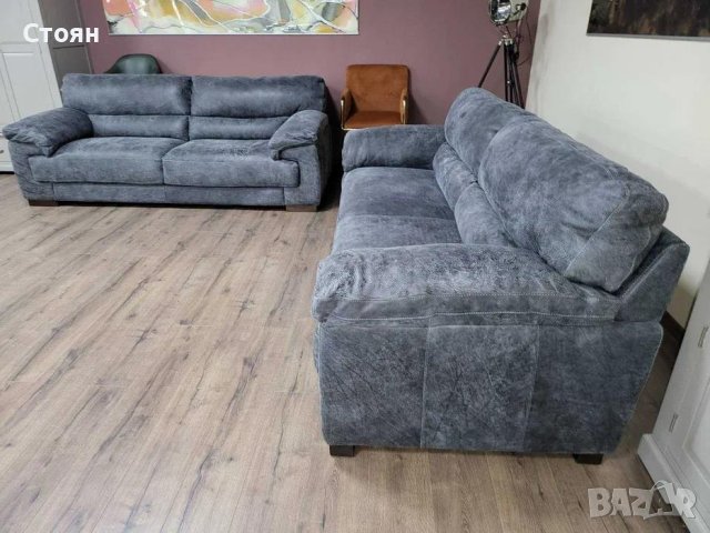 Сиви кожени дивани две тройки - телешки бокс, снимка 11 - Дивани и мека мебел - 43290149