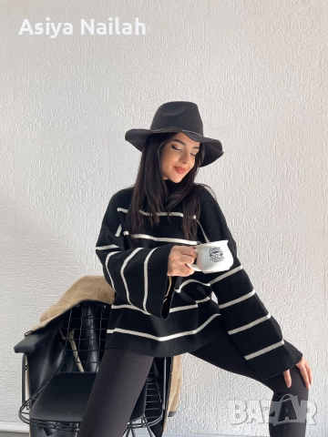 Дамски oversize пуловер с широк ръкав – черно/бяло райе, снимка 2 - Блузи с дълъг ръкав и пуловери - 52792432