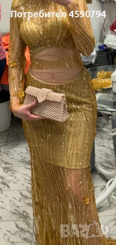 Златна официална рокля, ръчна изработка, S, снимка 5 - Рокли - 51667763