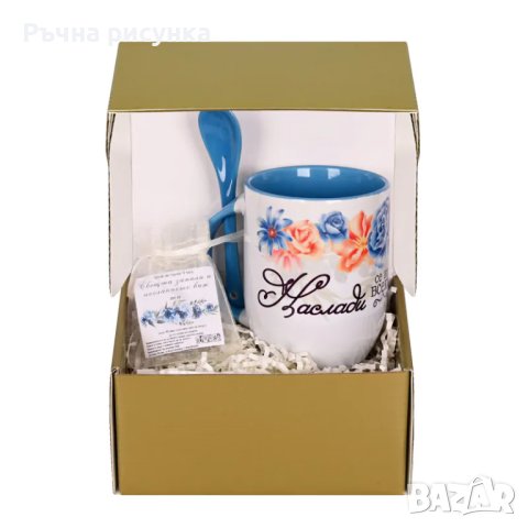 Подаръчен комплект "Наслади се..." с чаша, лъжичка и чаена свещ с изображение, снимка 2 - Декорация за дома - 43971924