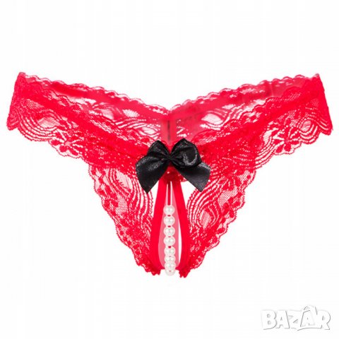 Червени прашки с нежни перлени топчета и черна панделка - код 1398, снимка 2 - Бельо - 39647435