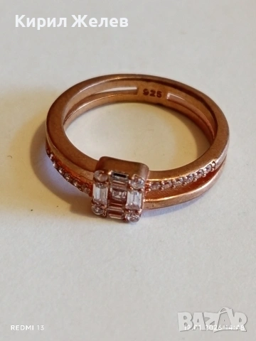 Сребърен пръстен с покритие от розово злато инкрустирани с кристали много красив 52758, снимка 2 - Пръстени - 53073354