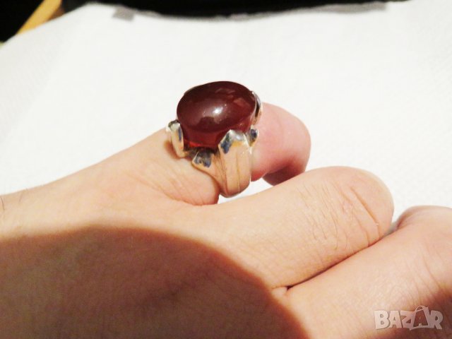 Старинен солиден красив мъжки сребърен пръстен с голям красив камък карнеол - Събуди страстта и прив, снимка 3 - Пръстени - 33336029