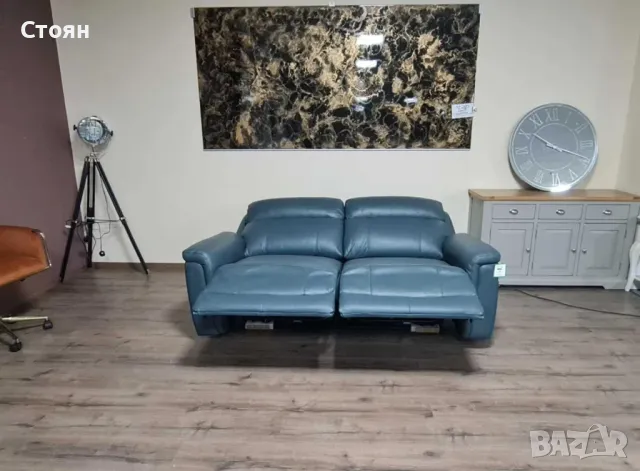 Тюркоазено син кожен диван тройка с ел. релакс механизъм La-z-boy, снимка 10 - Дивани и мека мебел - 49936235
