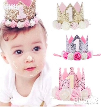 1 година годинка рожден ден бебе сребърна златна розова с цветя корона лента за глава парти от филц, снимка 2 - Шноли, диадеми, ленти - 25724787