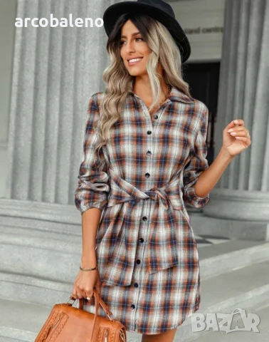 Едноредна модна дамска карирана рокля, 2цвята , снимка 4 - Рокли - 51883854