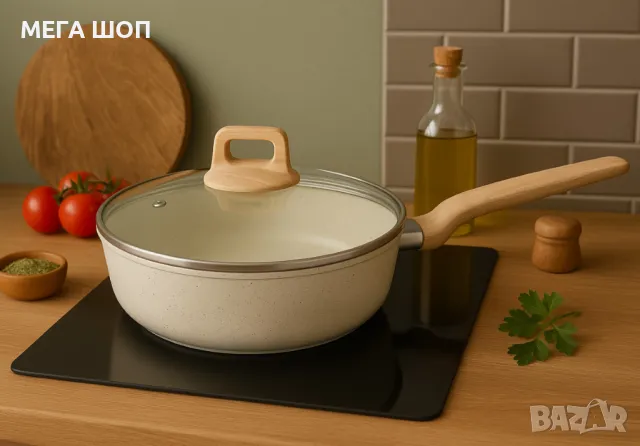 Тиган с капак Voltz Nice , Дълбок, Кован алуминий, Мраморно покр., Индукция, Кремав меланж, снимка 2 - Съдове за готвене - 50192136