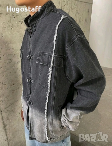 Ново мъжко  японски стил закопчаване дънково яке риза деним памук кимоно XХЛ, снимка 7 - Якета - 53029872