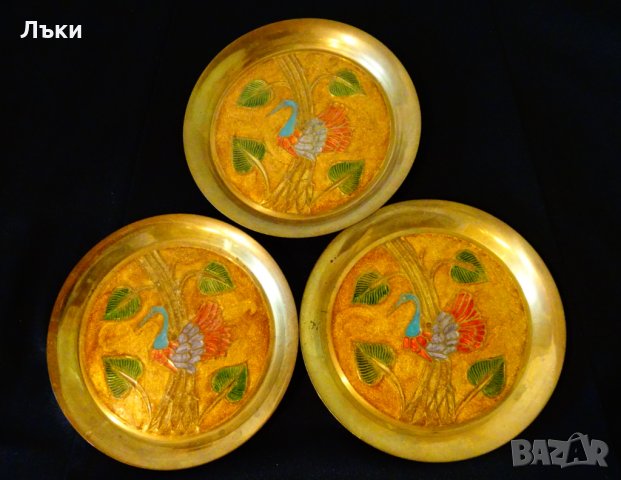 Бронзова чиния,клетъчен емайл Паун. , снимка 6 - Антикварни и старинни предмети - 33075722