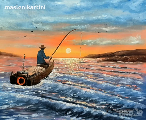 РИБАР В МОРЕТО ПО ЗАЛЕЗ маслена картина 