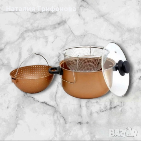 Тенджера с гевгир и кошница за пържене Voltz, 24*12.5см., Меден\въгл. стомана с незалеп. покр., снимка 7 - Съдове за готвене - 52407125