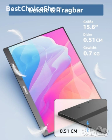 Чисто нов преносим монитор Yodoit 15.6” 1920×1080 FHD екран IPS дисплей с USB Type-C, снимка 10 - Монитори - 53528453