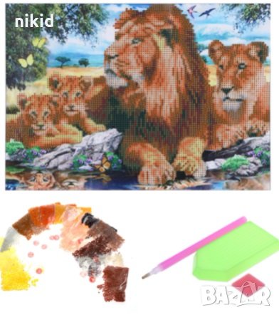 Лъвове семейство лъв 5D диамантен гоблен картина мозайка за направа по схема с камъчета, снимка 4 - Гоблени - 32691415
