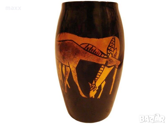 дървена ваза със златиста рисунка , снимка 1 - Вази - 28753638
