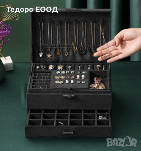 Луксозна кутия за бижута с ключ за заключване и много отделения, черна, снимка 2 - Други - 43899506