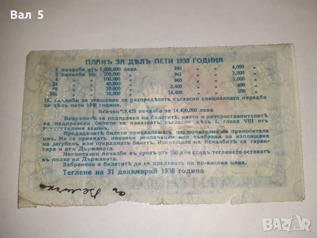 Стар лотариен билет , лотария - Царство България - 1938 г, снимка 2 - Колекции - 39295392