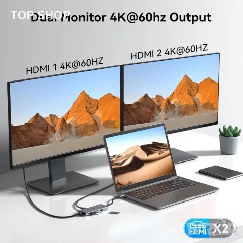 USB C към 2 HDMI адаптер за два монитора, 6 IN 1 докинг станция, снимка 3 - Кабели и адаптери - 49457631
