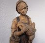 57 см. Момиче с петел Невероятна много стара дървена статуя 