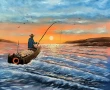 РИБАР В МОРЕТО ПО ЗАЛЕЗ маслена картина , снимка 1