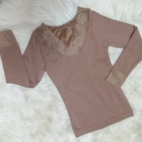Плътна блуза в цвят капучино от еластично трико с подплата кадифе , снимка 1 - Тениски - 43480671