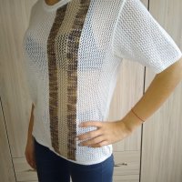 Плетена блуза в бяло и кафяво, снимка 3 - Блузи с дълъг ръкав и пуловери - 27455978