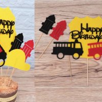 Happy Birthday пожарна кран за вода шапка филц топер клечки украса декор за торта парти, снимка 1 - Други - 28337780