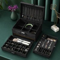Луксозна кутия за бижута с ключ за заключване и много отделения, черна, снимка 1 - Други - 43899506