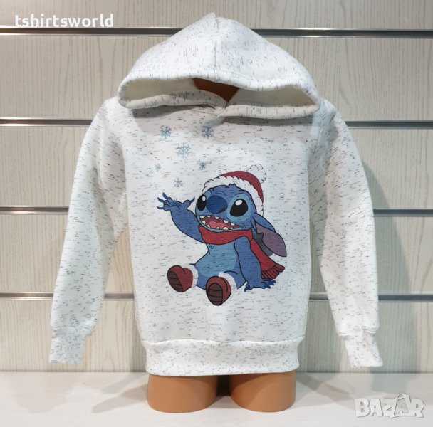 Нов детски коледен суичър с дигитален печат Стич (Stitch) в цвят бял меланж, снимка 1