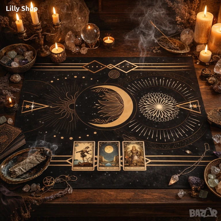 Винилна подложка за таро – 30×30 см | Космически дизайн със златна геометрия, снимка 1