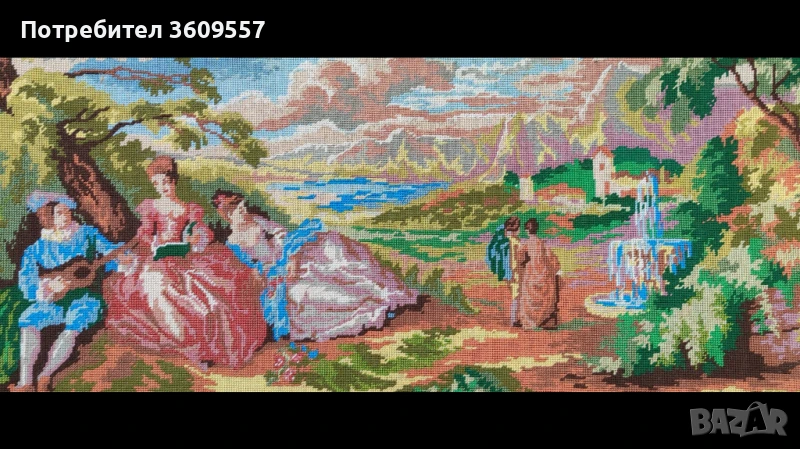 Гоблен,ръчно ушит по картина на художничката Мария Илиева известна като"Концерт в парка".Р-р 110/50, снимка 1
