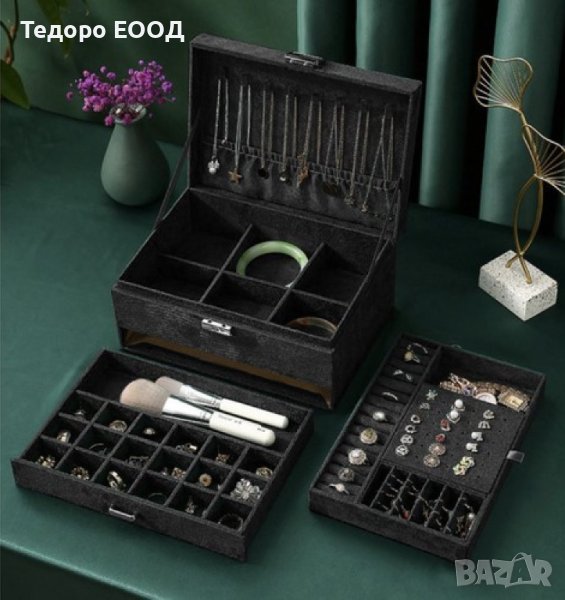 Луксозна кутия за бижута с ключ за заключване и много отделения, черна, снимка 1