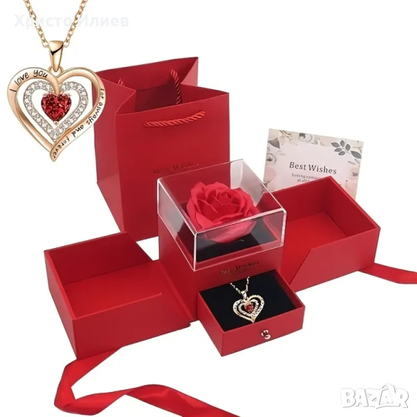Кутия с вечна роза и златно колие торбичка и картичка идеален подарък, снимка 1