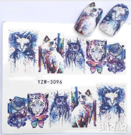 YZW-3096 Котка тигър син фон слайдер ваденки водни стикери за нокти маникюр татос, снимка 1