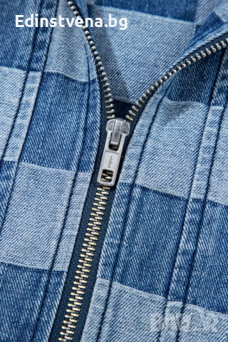 Дамски дънков суичър с качулка и шахматен десен, снимка 8 - Суичъри - 51261517