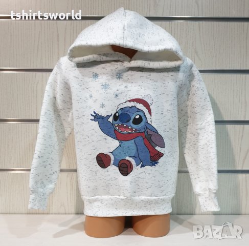Нов детски коледен суичър с дигитален печат Стич (Stitch) в цвят бял меланж