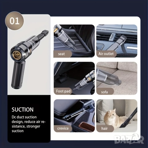 Преносима Мощна Мини Прахосмукачка 4-в-1 20000PA - Компресор, Прахосмукачка, Въздушна Помпа!, снимка 7 - Прахосмукачки - 51433646