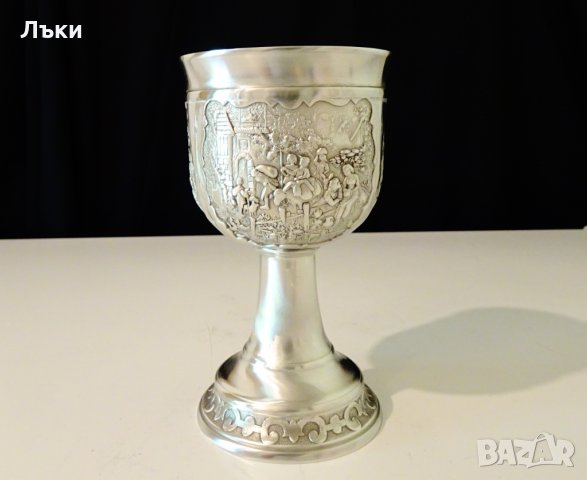 Бокал от калай за вино,релефни селски картини,авторски. , снимка 3 - Антикварни и старинни предмети - 33670020