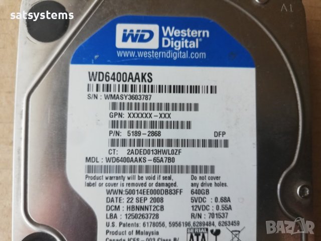  Хард диск Western Digital Caviar Blue WDC6400AAKS 640GB SATA 3.0Gb/s, снимка 3 - Твърди дискове - 43594785