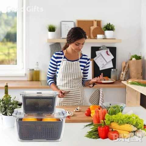 Комплект 2 броя Контейнери за Съхранение с Кошница за Отцеждане – Свежест и Ред във Вашата Кухня, снимка 4 - Други стоки за дома - 53369176