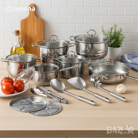 Премиум комплект съдове и прибори за готвене от неръждаема стомана – 18 части