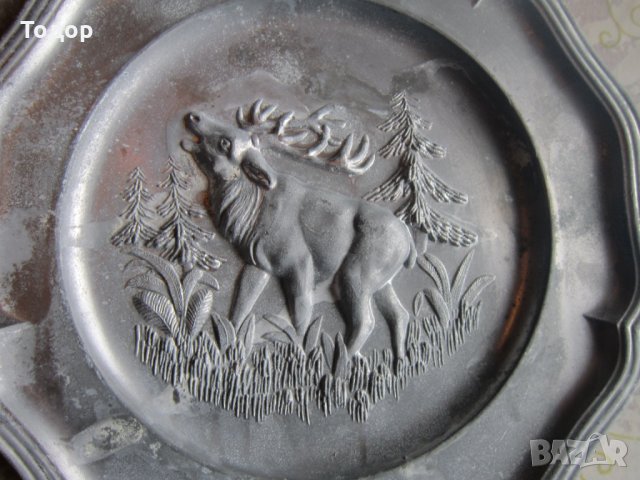 Уникална ловна калаена чиния  за стена елен , снимка 3 - Антикварни и старинни предмети - 26993938