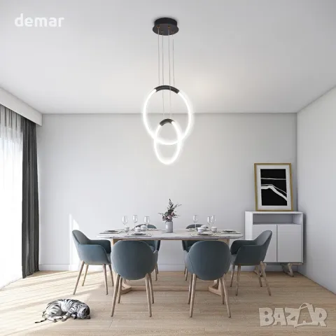 LED полилей Surpars House, модерна таванна лампа, 2 пръстена, регулируеми по височина, снимка 8 - Полилеи - 49709580