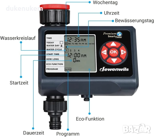 Автоматичен таймер за напояване, 4 поливки на ден, Rain Delay, Eco режим, ръчен старт, 1 вход, снимка 6 - Градински инструменти - 52412359