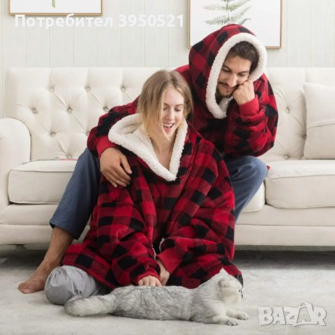 Пухкаво Одеяло с Ръкави и Качулка Huggle Hoodie , червено или синьо, снимка 5 - Блузи с дълъг ръкав и пуловери - 43834433