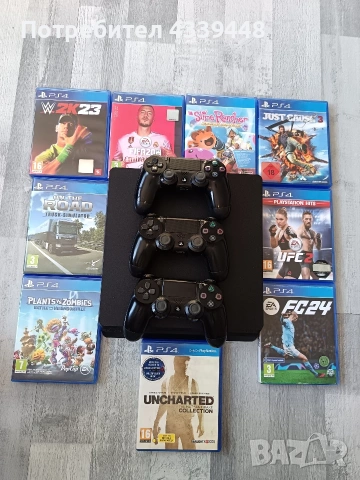 PS4 Slim + 9 игри + 3 оригинални джойстика – Пълен комплект!
