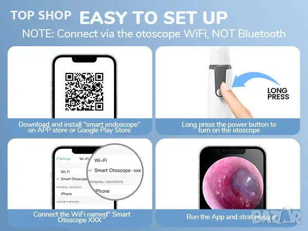 SMART Отоскоп ScopeAround 3,9 мм ултратънък безжичен цифров отоскоп WiFi ушен отоскоп със светлина, снимка 12 - Друга електроника - 49049704